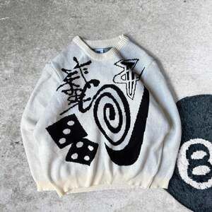 Vintage Y2K Stussy x Nike Knit Sweater, 8-Ball Design, White - Size M